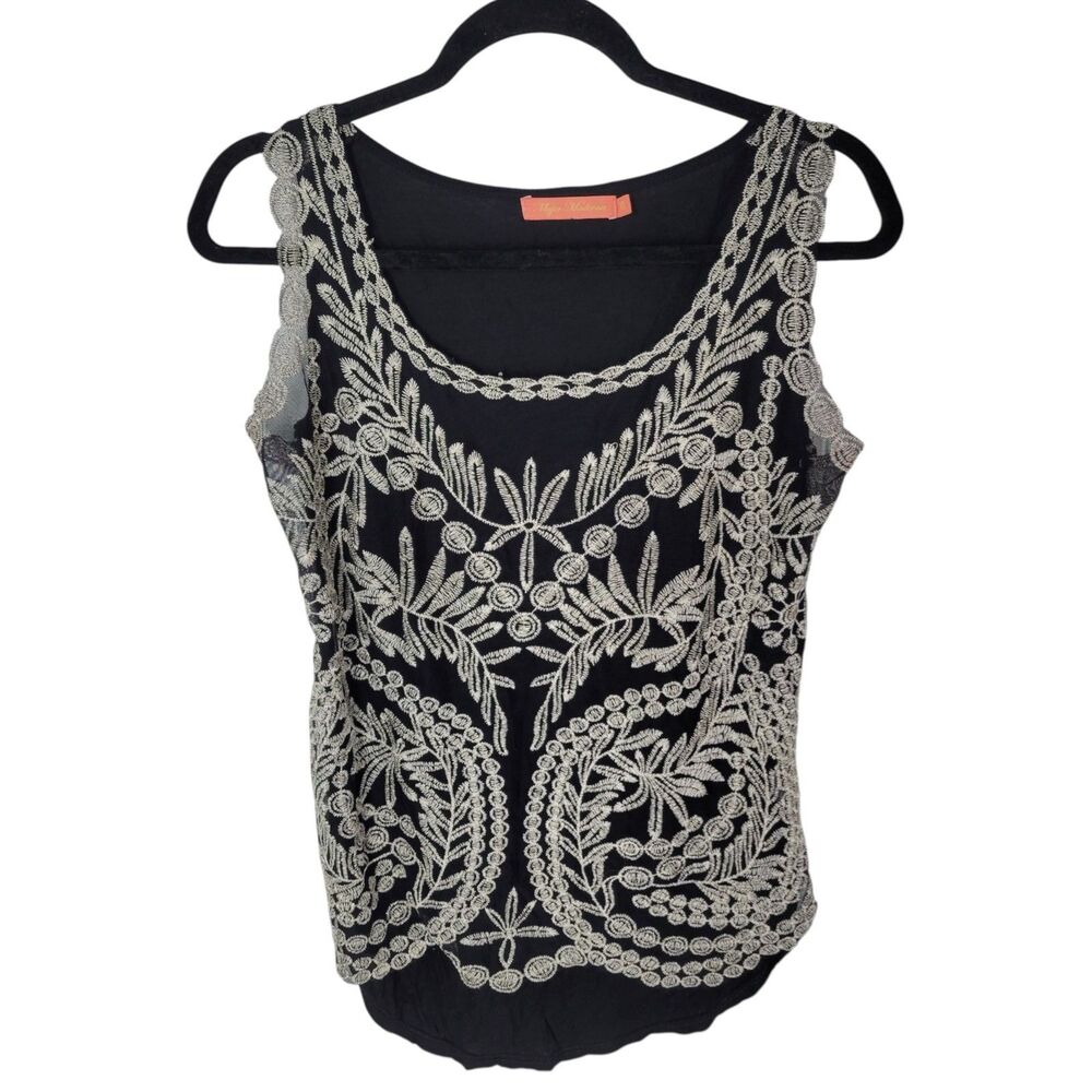 Mujer Moderna Womens Sz XL Black Tan Embroidered Sleeveless Blouse